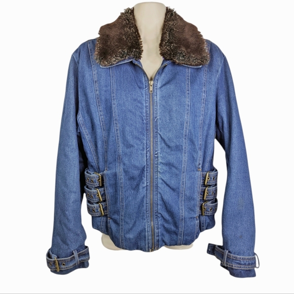 VINTAGE Faded Glory Quilted Lining Fur Collar Denim Jacket Sz S